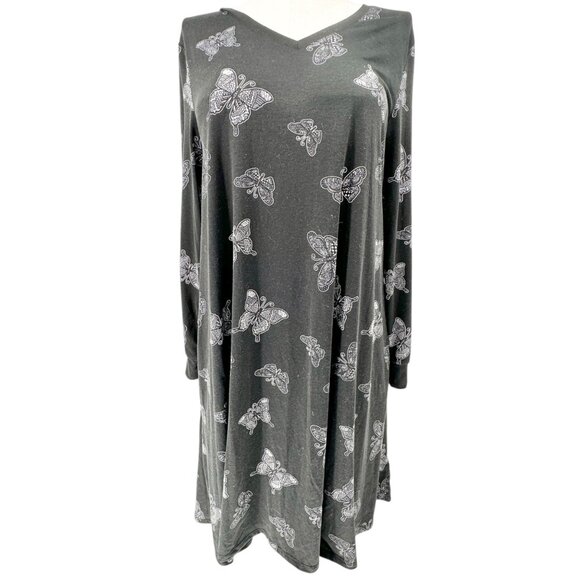 Lularoe Emily Dress Womens L Black White Butterfly Print LS Side Pockets Soft - Picture 1 of 9